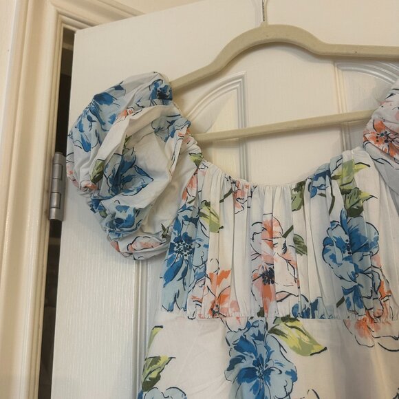 Abercrombie Emerson Poplin Puff Sleeve Mini Dress | White, Blue & Pink | X-Small - Picture 4 of 5